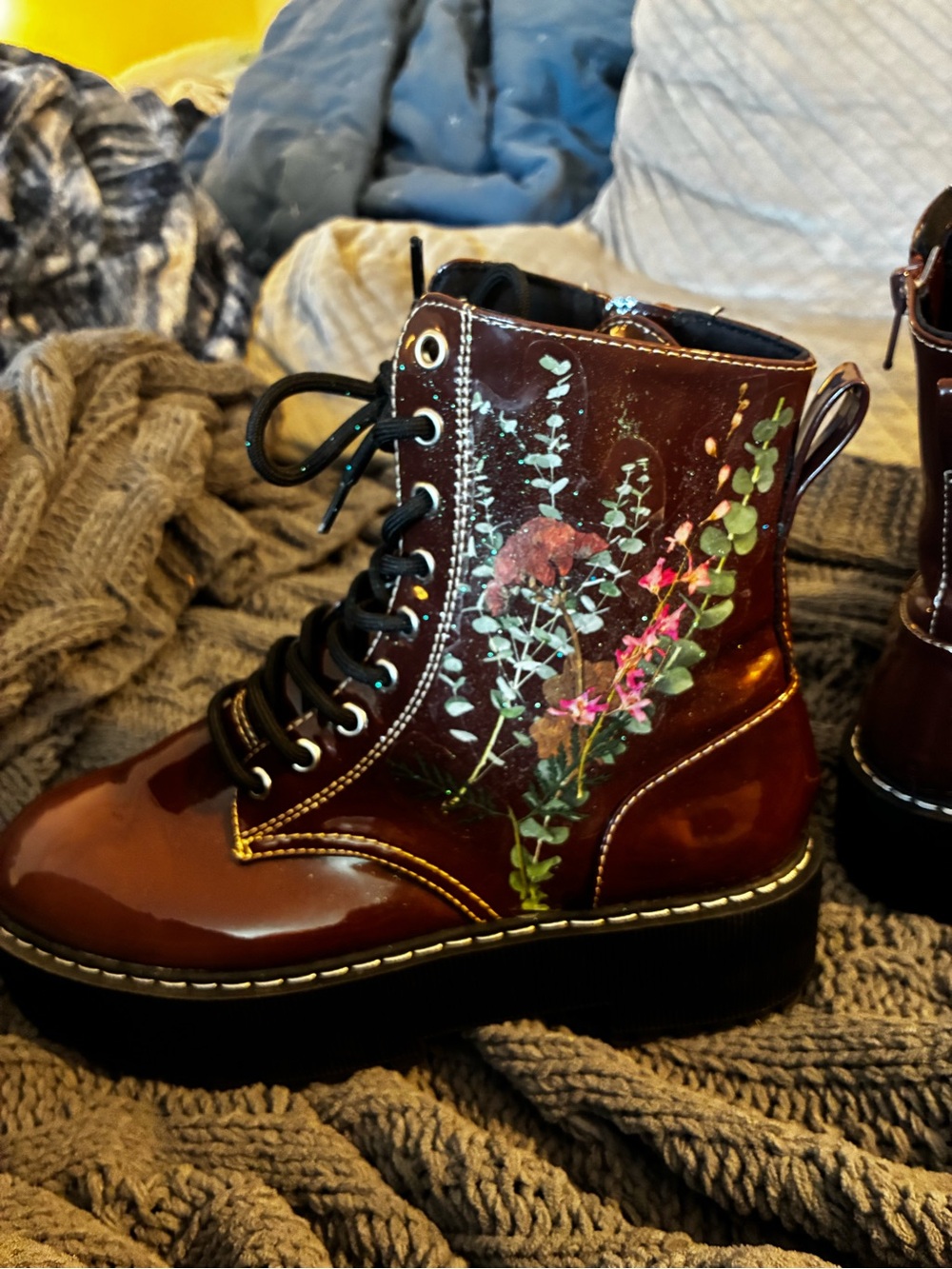 DIY Whimsical Cottage Core Glitter Floral Brown Wedge Combat Boots Unique - Picture 9 of 15